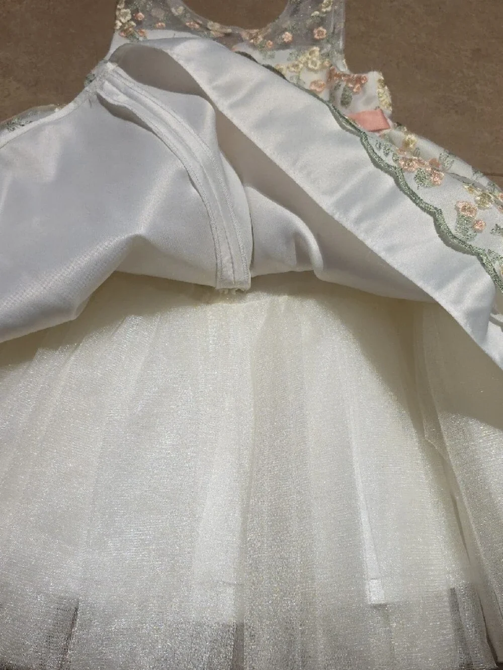 Girls Floral Embroidered Party Dress - White with Pastel Accents. Size 5